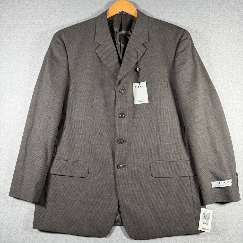 Alfani Palermo Mens Suit Jacket 44R Taupe Mini Stripe 100% Wool 4-Button Blazer